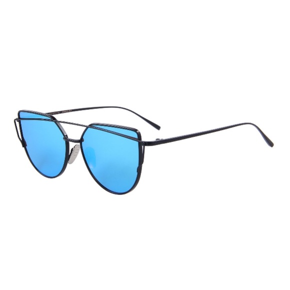 Blue Mirrored Lenses Black Frame Cat Eye Aviators - Picture 2 of 5